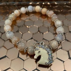 NEW Tibetan White Unicorn & Fire Agate Ball Stretchy Bracelet Approx. 7”…